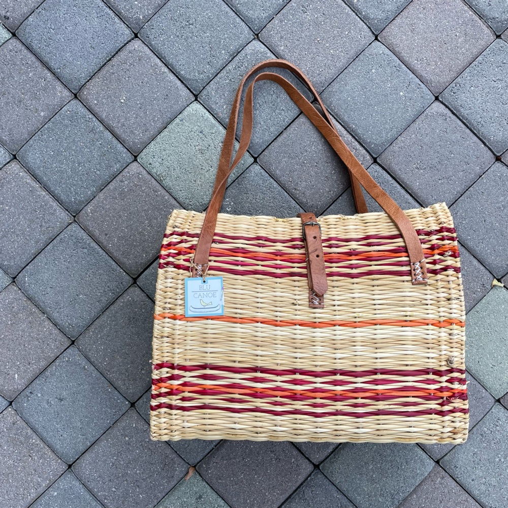 NWT. Large Rectangular Wicker Bag, Two Leather Straps